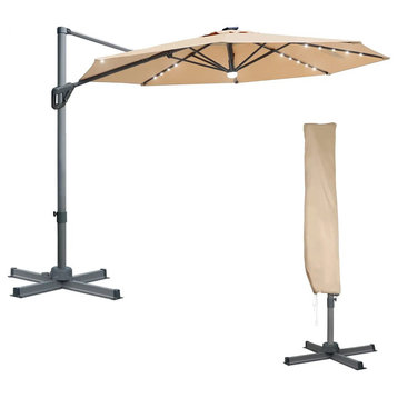 Modern Outdoor Umbrella, Aluminum Frame & Solar Powered LED Lights, Tan