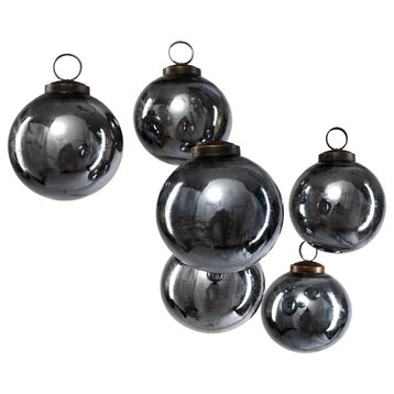 Set of 6 Antique Platinum Glass Ball Ornament in Window Box, 4"x3"