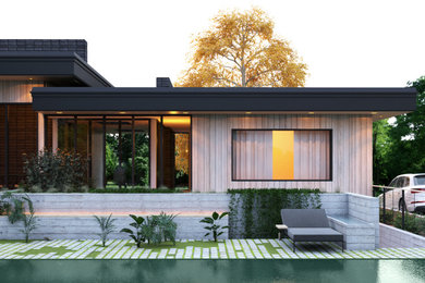 Huge minimalist beige two-story wood exterior home photo in Portland with a mixed material roof and a black roof