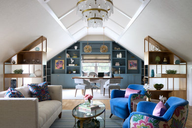 Example of a transitional open concept medium tone wood floor, brown floor and vaulted ceiling living room design in New York with beige walls