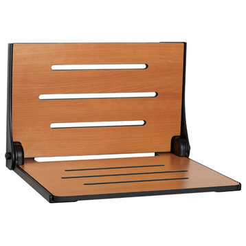 Seachrome Silhouette Folding Wall Mount Shower Bench Seat, Teak Seat With Matte Black Frame