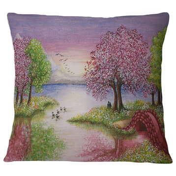 Romantic Lake in Pink and Green Landscape Printed Throw Pillow, 16"x16"