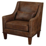 Uttermost - Uttermost 23030 Clay - 36.5" Arm Chair - Relax In This Chair Featuring Velvety Soft Fabric That Captures The Look Of Natural Tanned Leather. Antiqued Brass Nail Heads Accent The Frame Along With Weathered Hickory Stained Legs And Base. Pillow Included. Seat Height Is 19".   Matthew Williams 19Clay 36.5" Arm Chair Velvet/Antiqued Brass/Weathered Hickory *UL Approved: YES *Energy Star Qualified: n/a  *ADA Certified: n/a  *Number of Lights:   *Bulb Included:No *Bulb Type:No *Finish Type:Velvet/Antiqued Brass/Weathered Hickory