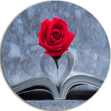 Red Rose Inside The Book, Floral Art Large Disc Metal Wall Art, 36"