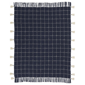 Navy and White Stitched Square Pattern Cotton Throw Blanket