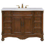 Elegant Lighting - Windsor 48" Single Bathroom Vanity Set, Teak - Our "Windsor" vanity console with a spacious and opulent Guangxi white marble countertop and 6 successively larger drawers offers both elegant beauty and superb storage space for all your bathroom essentials. Featuring an oval white porcelain undermount sink, full extension drawers, handsomely turned and carved solid wood bun feet and antique bronze finish door knobs and drawer pulls, this splendid vanity will enhance your master bathroom or powder room for many years to come.