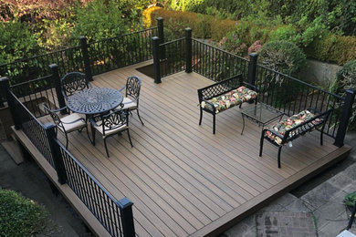 Ejemplo de terraza planta baja minimalista de tamaño medio en patio trasero con barandilla de metal