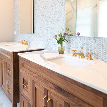 Double Vanity Guest Bath with Custom Cabinetry and Mosaic Accent Wall