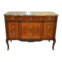 French Louis XV Marble Top Marquetry Commode - Products