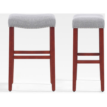 WestinTrends 2PC 29" Upholstered Saddle Seat Bar Height Stool Set, Bar Stools, Cherry/Gray