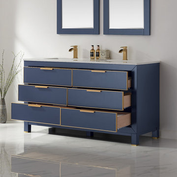 Jackson 60" Double Bathroom Vanity Set in Royal Blue and Composite Carrara White