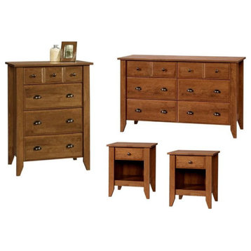 4 Piece Bedroom Set with Dresser Chest and 2 Nightstands in Oiled Oak