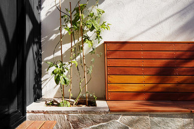 Inspiration for a small midcentury two-storey house exterior in Sydney with wood siding, a flat roof and a metal roof.