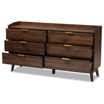Kayley Mid-Century Modern Walnut Brown 6-Drawer Wood Dresser