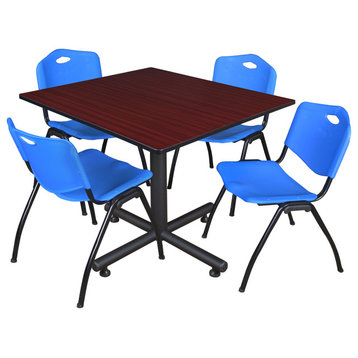 Kobe 48" Square Breakroom Table- Mahogany & 4 'M' Stack Chairs- Blue