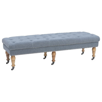 Linon Isabelle Upholstered 62" Long Bench Wood Legs in Washed Blue Linen Fabric