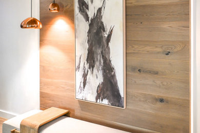 Small minimalist light wood floor, wood ceiling and wood wall basement photo in Atlanta