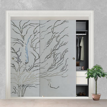Frameless 2 Leaf Sliding Closet Bypass Glass Door, Dry Tree Design., 72"x80" Inc
