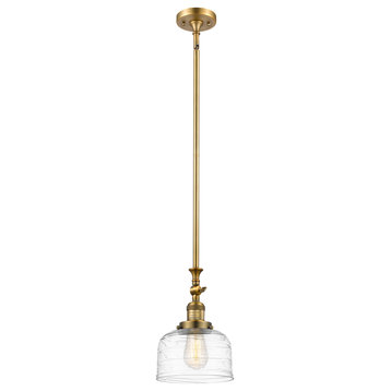 Large Bell 1 Light Mini Pendant, Brushed Brass, Clear Deco Swirl