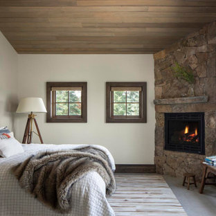 Imagen de dormitorio principal y madera, contemporáneo, con chimenea de esquina