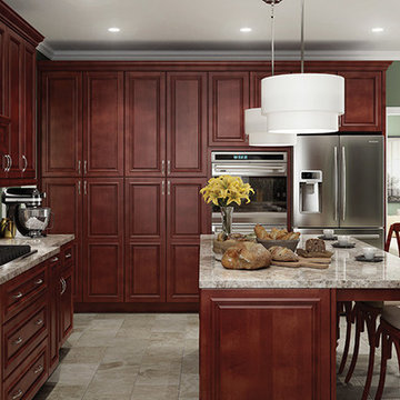Classic styling in rich mahogany wood tones with applied molding and deep scoop
