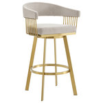 Armen Living - Chelsea Swivel Counter Stool, Gold Brushed Stainless Steel, Taupe Fabric, 26" - Give a luxe and stylish upgrade to your home with the Chelsea Swivel Upholstered Counter or Bar Height Stool with a Metal frame by Armen Living. Our barstool is sure to impress with its thoughtful, contemporary design and eye-catching details. The hugging silhouette of this floating backrest flows seamlessly into the arms, which are supported by intricate metal detailing. The backrest and seat are generously padded in high-density foam and upholstered in performance fabric or high-quality faux leather for elevated style, comfort, and convenience. The Chelsea is perched upon tapered metal legs that come equipped with floor protectors, ensuring that the bar stool will not slip on or scratch hardwood or tile floors. This counter or bar stool can be styled anywhere from your kitchen to your home office to give a stunning upgrade to your kitchen island, pub table, home bar, or adjustable desk. The stool includes a built-in circular footrest to relieve pressure from your legs and offer a more comfortable sitting position. Its smooth 360-degree swivel function enhances your space efficiency and mobility, allowing you to effortlessly turn and engage in conversations while being able to sit closer together. The Chelsea Swivel Counter or Bar Height Stool is available in several different finishes, colors, and textile combinations to make a chic and stylish impact in any home. Choose whichever design suits your space, and enjoy this minimal assembly barstool that is sure to stand out!