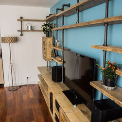 Aurelie Industrial Reused Scaffolding & Steel Pipe Multi Media & Shelves - Media Cabinets