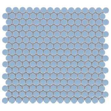 Mosaic Handmade Porcelain Penny Round Tile for Floors Walls, Light Blue