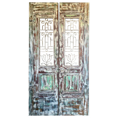 Consigned Pair Vintage Whitewash Wood Barn Doors Antique Carved Patio Doors