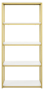 Industrial Classic Bookcase, Metal Frame and 5 Wooden Shelves, White/Gold