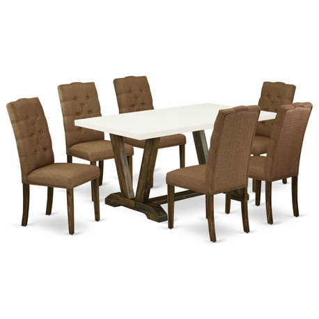 V726El718-7, 7-Piece Small Table Set, 6 Chairs and Table Solid Wood Frame