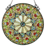 CHLOE Lighting - Sunny Tiffany-Glass Floral Window Panel - SUNNY, Floral design motif window panel, is handcrafted with quality materials of real stained glass and gem-like cabochons. Framed in antique bronze finished metal with designer anchors, makes a colorful addition to any room.