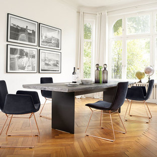 ミュンヘンの広いコンテンポラリースタイルのLDKの画像 (白い壁、無垢フローリング、暖炉なし、茶色い床)