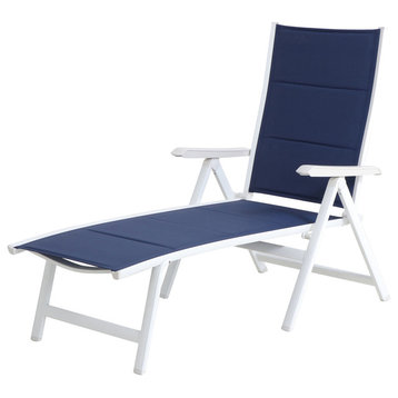 Everson Padded Sling Folding Chaise Lounge, White/Navy