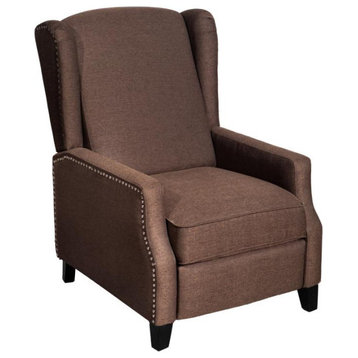 Prescott Push Back Wingback Recliner Chair- Fabric Upholstery-Accent Nail Trim, Brown