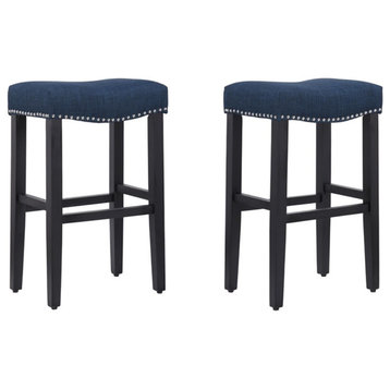 Trent Home 29" Upholstered Saddle Seat Bar Stool (Set of 2) in Navy Blue