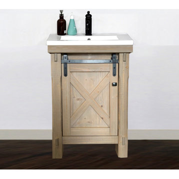 24" Rustic Solid Fir Wood Color Barn Door Vanity Ceramic Single Sink-No Faucet