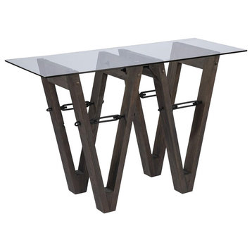 Industrial Modern Console Table, Unique Wooden Base With Tempered Glass Top