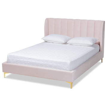 Carmen Light Pink Velvet Upholstered Queen Platform Bed With Gold-Tone Legs