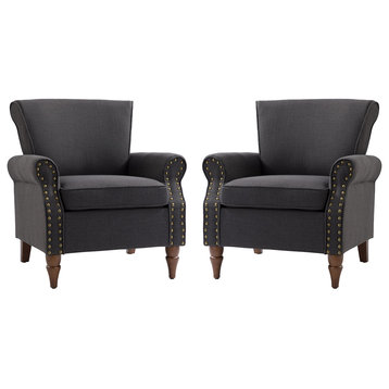 32.5" Wooden Upholstered Accent Chair With Arms Set of 2, Charcoal