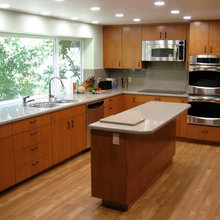 blue paint with brown cabinets