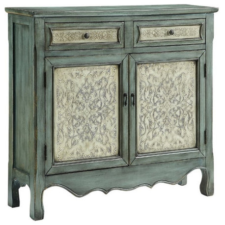 Linon Clancy Slim Storage Cabinet White Decorative Panels in Antique Blue Wood