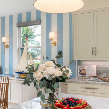 San Diego Coastal Kitchen Detail with Brass Pendant, Quartz Countertop, and Flor