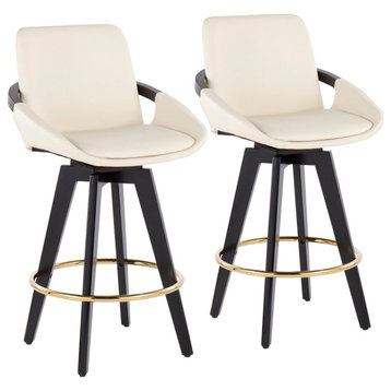 Cosmo Swivel Fixed-Height Counter Stool, Set of 2, Black/Gold/Cream PU