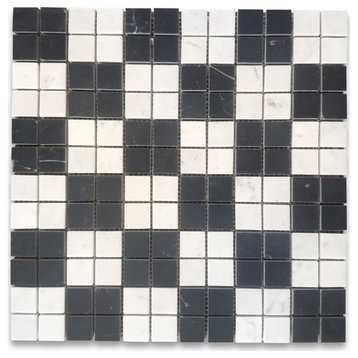 Carrara White Nero Marquina Black Marble 1x1 Plaid Mosaic Tile Honed, 1 sheet