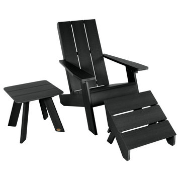 Italica Modern Adirondack Chair, Side Table and Ottoman Set, Black