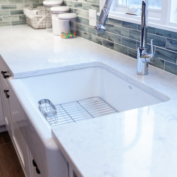 Farmhouse Sink with Quartz Countertop and Green Tile Backsplash – Ipswich MA