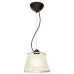 Besa Lighting - Besa Lighting 1KX-PIC9WH-BR Pica 9 - One Light Cord Pendant with Flat Canopy - Pica 9 is a compact tapered glass with a broad top and a radiused return at the bottom, its retro styling will gracefully blend into today's environments. The Blue Sand d�cor begins with a clear blown glass, with glossy outer finish. We then, using a handcrafting technique, carefully apply a band of actual fine-grained sand to the inner surface of the glass, where white color is fully saturated into the coating for a bold statement. A final clear protective coating is applied to seal and preserve the accent material. The result is a beautifully textured work of art, comfortable with the irony of sand being applied to a glass that ordinates from sand. When illuminated, the colors shimmers through the noticeable refractions created by every granule, as the sand patterning is obvious and pleasing. The cord pendant fixture is equipped with a 10' SVT cordset and an low profile flat monopoint canopy. These stylish and functional luminaries are offered in a beautiful brushed Bronze finish.  No. of Rods: 4  Canopy Included: TRUE  Shade Included: TRUE  Canopy Diameter: 5 x 0.63< Rod Length(s): 18.00Pica 9 One Light Cord Pendant with Flat Canopy Bronze White Sand GlassUL: Suitable for damp locations, *Energy Star Qualified: n/a  *ADA Certified: n/a  *Number of Lights: Lamp: 1-*Wattage:75w A19 Medium base bulb(s) *Bulb Included:No *Bulb Type:A19 Medium base *Finish Type:Bronze