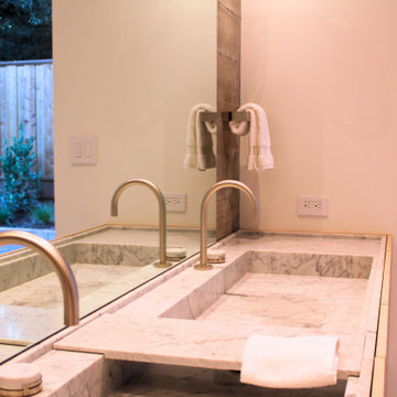 Custom Asymmetrical Marble Trough Vanity with Movable Stone Shelf