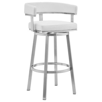 Lorin White Faux Leather and Brushed Stainless Steel Swivel Bar Stool, 26"